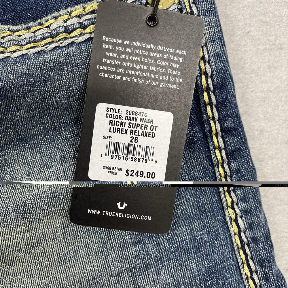 True Religion Jeans Womens 26 Fits 29x32 Ricki Lurex Relaxed Straight Super QT - Picture 12 of 16